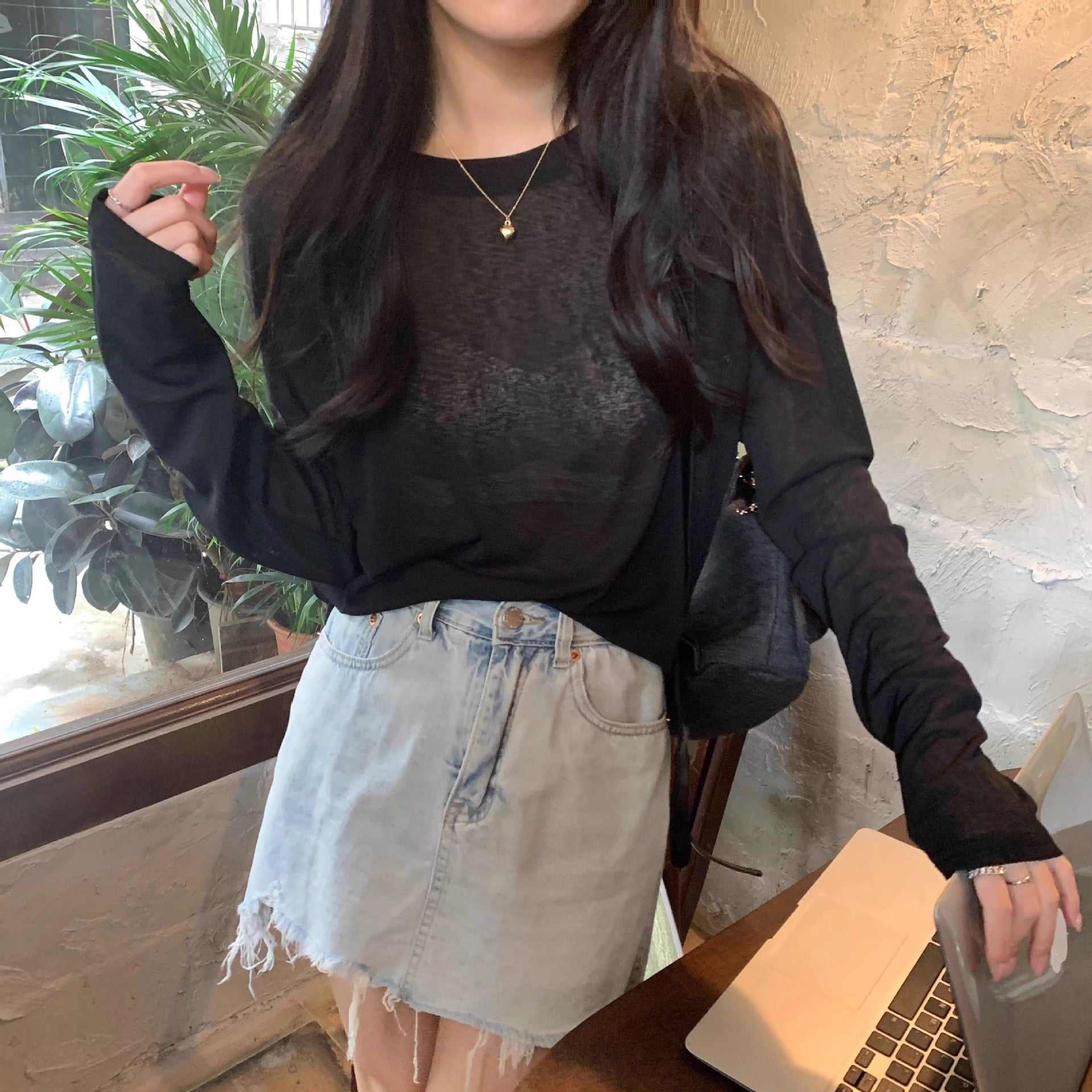 カルペディエム Carpe diem ロンT レイヤード シアー トップス tシャツ シアーブラウス UV対策トップス 透かし 12色展開 夏服 薄手カットソー ニット 長袖 オーバーサイズ デリー 日焼け防止 シンプル カジュアル 韓国 (ホワイト) ホワイト