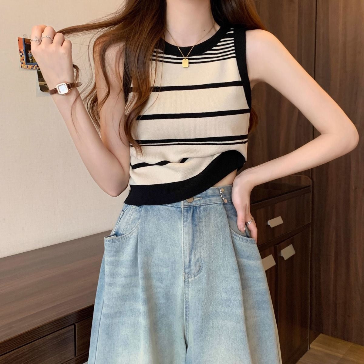 カルペディエム Carpe diem ボーダー柄ニットタンクトップ サマータンクトップス ショート丈タンクトップ ウンドネック 着回しオールシーズン プルオーバー 韓国風 夏トップス ショート丈 重ね着 (ライトブラウン) ライトブラウン