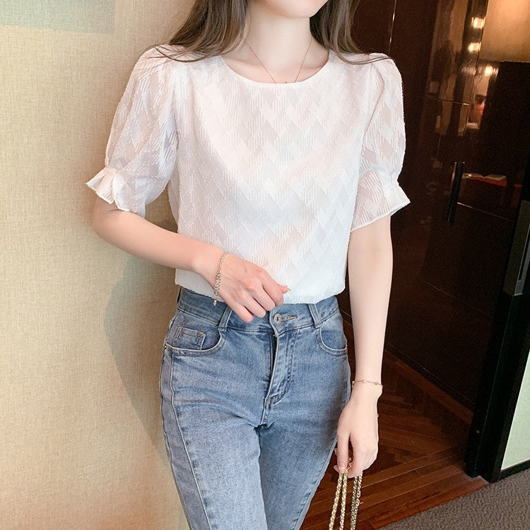 カルペディエム Carpe diem シフォン半袖 夏トップス シアーブラウス 裏地付き フレアスリーブ 透け感ブラウス オフィスカジュアル ボリューム袖 シースルー 春 夏 秋 半袖 韓国ブラウス (パープル) パープル