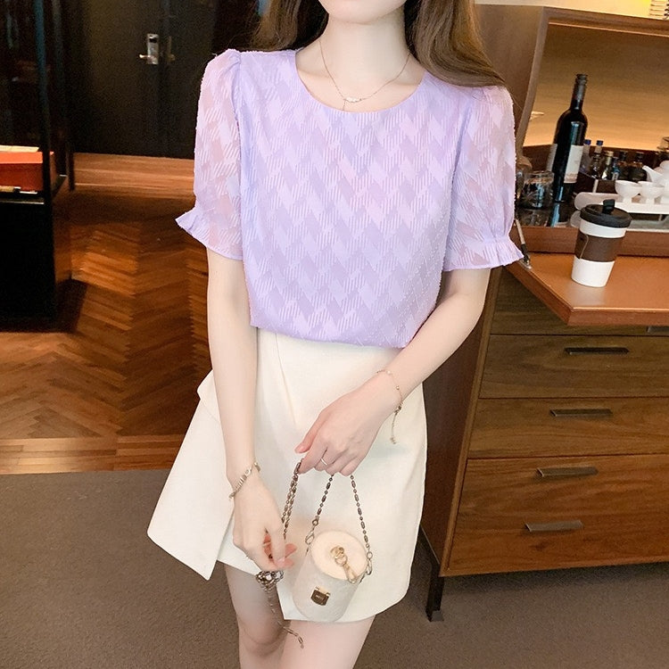 カルペディエム Carpe diem シフォン半袖 夏トップス シアーブラウス 裏地付き フレアスリーブ 透け感ブラウス オフィスカジュアル ボリューム袖 シースルー 春 夏 秋 半袖 韓国ブラウス (パープル) パープル