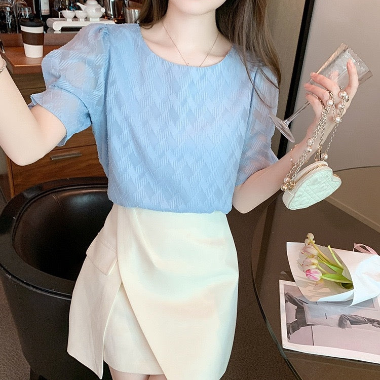 カルペディエム Carpe diem シフォン半袖 夏トップス シアーブラウス 裏地付き フレアスリーブ 透け感ブラウス オフィスカジュアル ボリューム袖 シースルー 春 夏 秋 半袖 韓国ブラウス (パープル) パープル