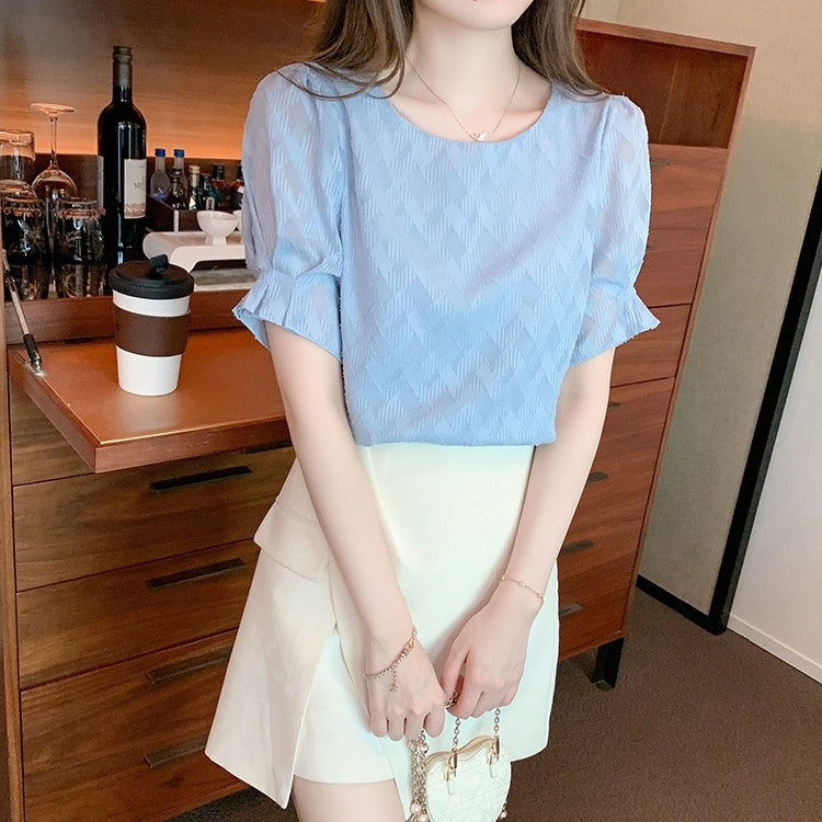 カルペディエム Carpe diem シフォン半袖 夏トップス シアーブラウス 裏地付き フレアスリーブ 透け感ブラウス オフィスカジュアル ボリューム袖 シースルー 春 夏 秋 半袖 韓国ブラウス (パープル) パープル