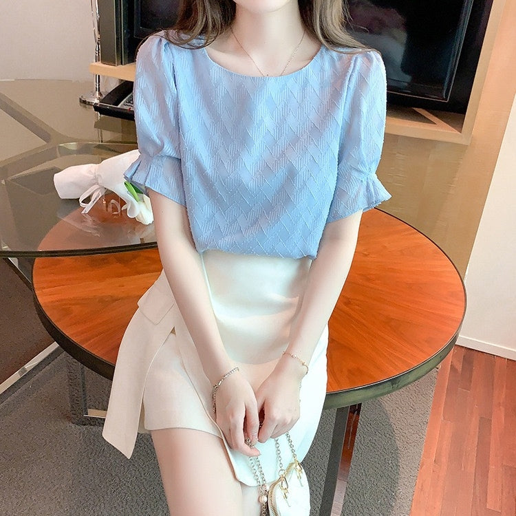 カルペディエム Carpe diem シフォン半袖 夏トップス シアーブラウス 裏地付き フレアスリーブ 透け感ブラウス オフィスカジュアル ボリューム袖 シースルー 春 夏 秋 半袖 韓国ブラウス (パープル) パープル