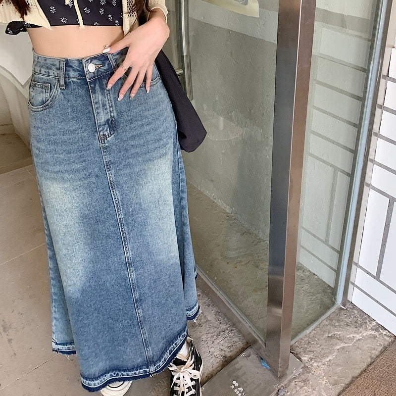 カルペディエム Carpe diem デニムロングスカート デニムスカート フリンジデニムスカート マーメイドスカート ボトムス ハイウエスト スカート ロングスカート デニムロングフレアスカート (ブルー) ブルー