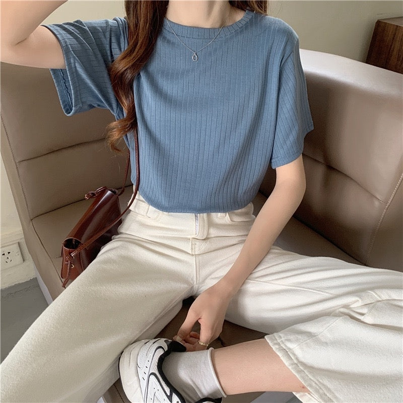 カルペディエム Carpe diem リブ編みTシャツ カットソー Tシャツ Tシャツ半袖 夏服 夏トップス ニット半袖 無地Tシャツ ゆったり 大人カジュアル半袖トップス 春夏 無地半袖 オフィスカジュアル (ブルー) ブルー