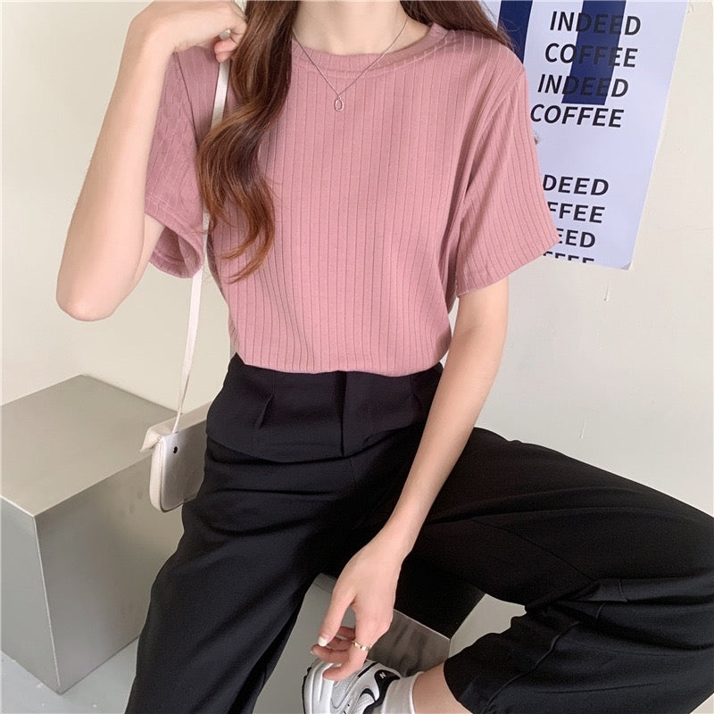 カルペディエム Carpe diem リブ編みTシャツ カットソー Tシャツ Tシャツ半袖 夏服 夏トップス ニット半袖 無地Tシャツ ゆったり 大人カジュアル半袖トップス 春夏 無地半袖 オフィスカジュアル (ブルー) ブルー