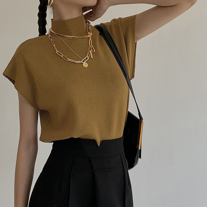 カルペディエム Carpe diem ノースリーブ ハイネックニット トップス レイヤード風 カットソー 夏服 夏トップス オフィスカジュアル 半袖ニット 韓国ファッション サマーニット タンクトップ レディース (モカブラウン) モカブラウン