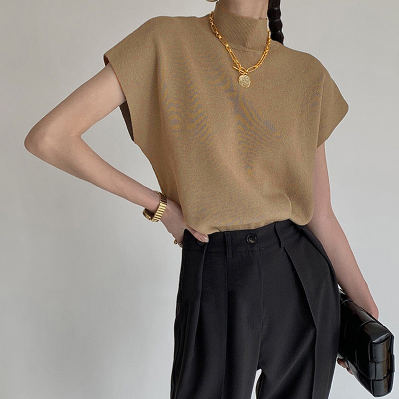 カルペディエム Carpe diem ノースリーブ ハイネックニット トップス レイヤード風 カットソー 夏服 夏トップス オフィスカジュアル 半袖ニット 韓国ファッション サマーニット タンクトップ レディース (モカブラウン) モカブラウン