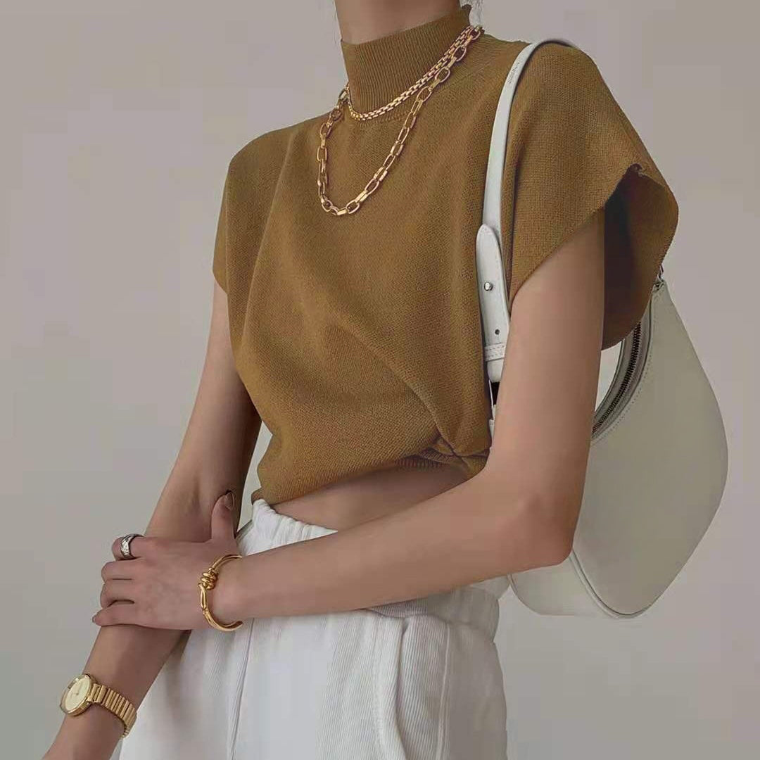 カルペディエム Carpe diem ノースリーブ ハイネックニット トップス レイヤード風 カットソー 夏服 夏トップス オフィスカジュアル 半袖ニット 韓国ファッション サマーニット タンクトップ レディース (モカブラウン) モカブラウン