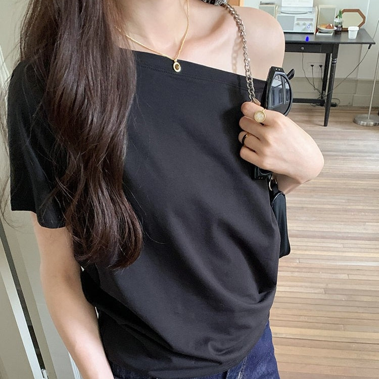 カルペディエム Carpe diem オフショルダー風半袖 ドロップショルダーTシャツ トップス 春 オフィスカジュアル 夏 トップス ショート丈 韓国 無地tシャツ 綿100 大人半袖 サマートップス (グレー) グレー