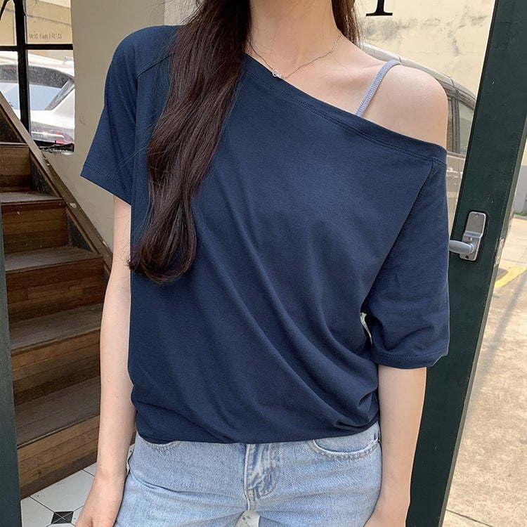 カルペディエム Carpe diem オフショルダー風半袖 ドロップショルダーTシャツ トップス 春 オフィスカジュアル 夏 トップス ショート丈 韓国 無地tシャツ 綿100 大人半袖 サマートップス (グレー) グレー