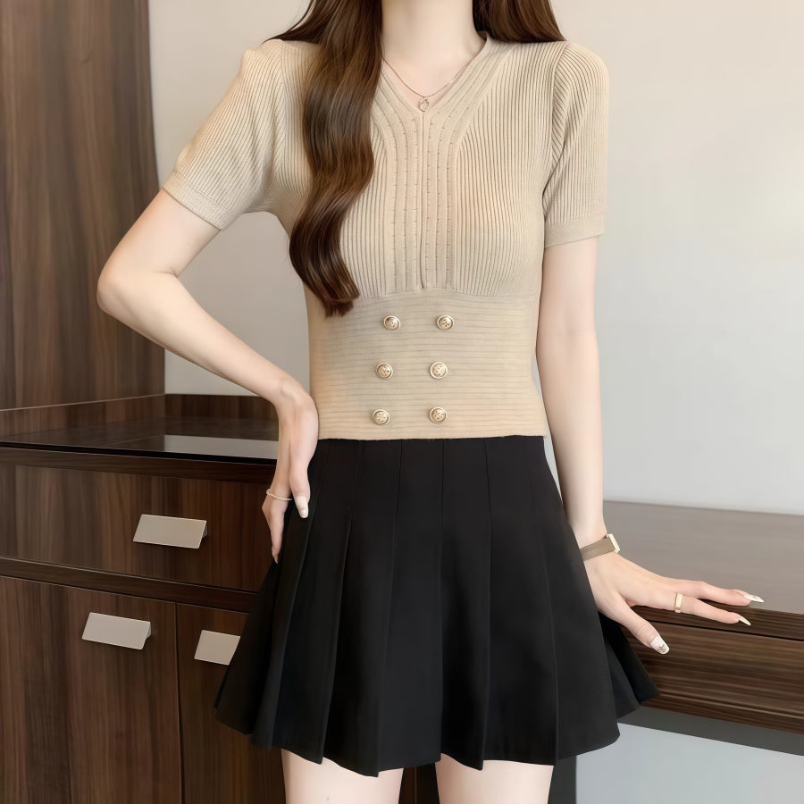 カルペディエム Carpe diem ボタン付きショート丈ニットトップス サマーニット 半袖ニット vネックニット レディース ショート トップス ボトルネック 半袖 きれいめ オフィスカジュアル (ブラック) ブラック