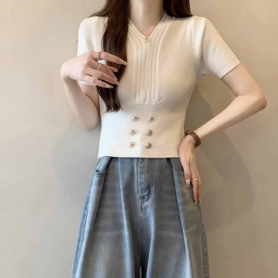 カルペディエム Carpe diem ボタン付きショート丈ニットトップス サマーニット 半袖ニット vネックニット レディース ショート トップス ボトルネック 半袖 きれいめ オフィスカジュアル (ブラック) ブラック