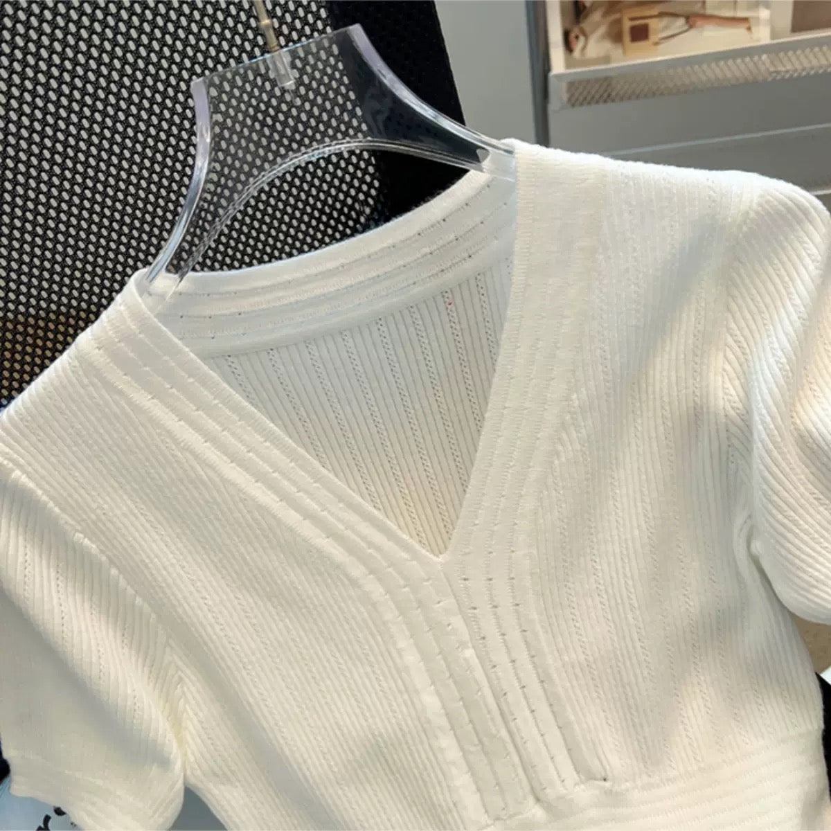 カルペディエム Carpe diem ボタン付きショート丈ニットトップス サマーニット 半袖ニット vネックニット レディース ショート トップス ボトルネック 半袖 きれいめ オフィスカジュアル (ブラック) ブラック