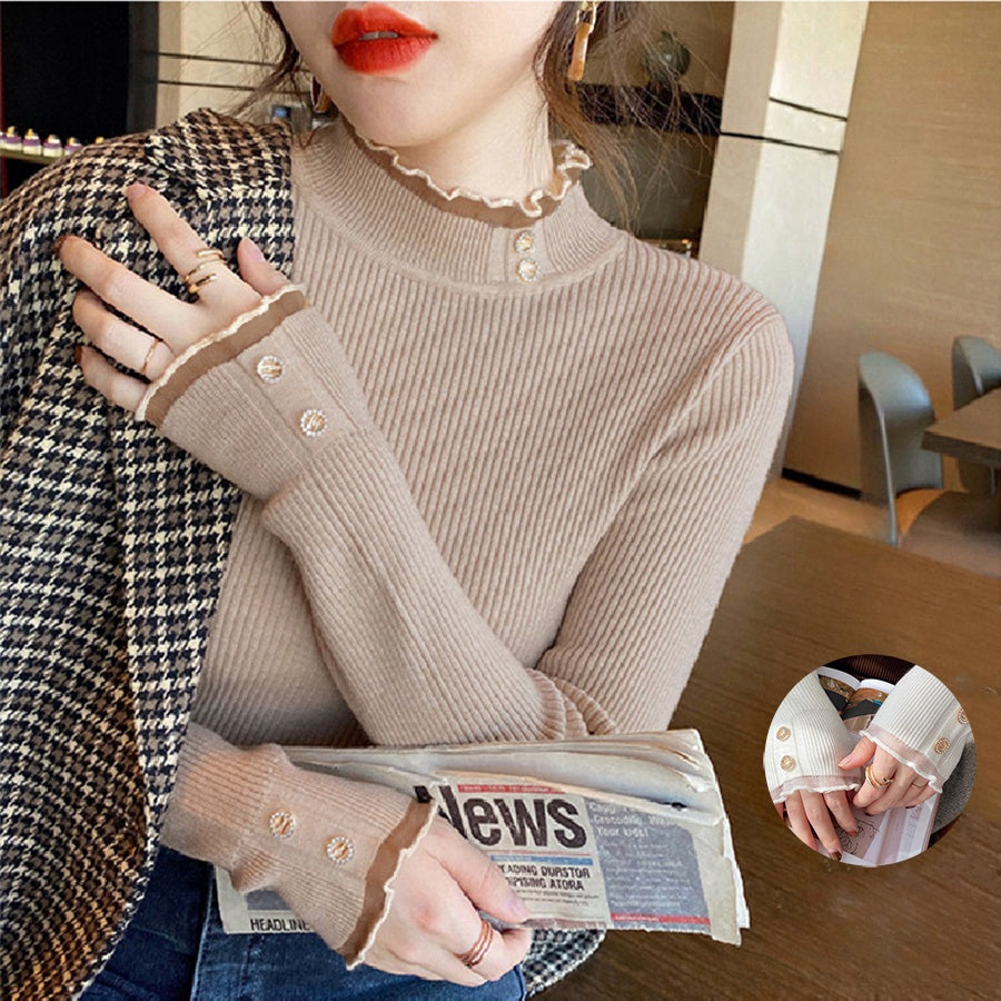 カルペディエム Carpe diem ニットトップス ハイネック メロウフリル カットソー フラワー 長袖 ゆったり 薄手ニット ボトルネック リブ編み インナー 着回し きれいめ 通勤 (モカブラウン) モカブラウン