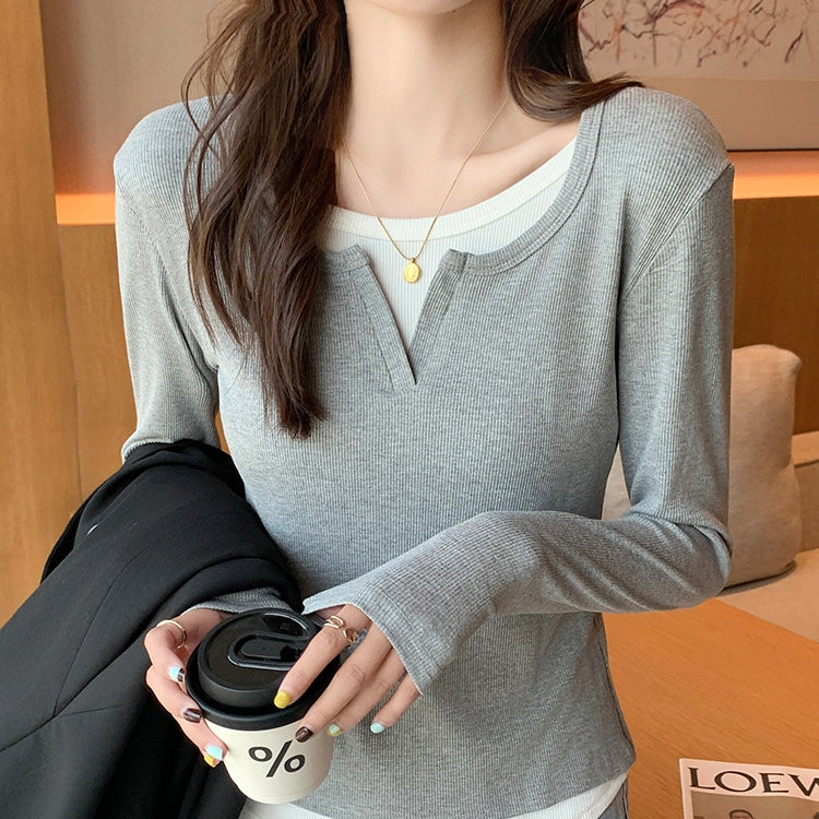 カルペディエム Carpe diem レイヤード風トップス フェイクレイヤード きれいめカジュアル カットソー 重ね着風 長袖 ロンT Tシャツ 無地 クルーネック 切り替えデザイン 秋新作 韓国 コカ オフィス COCA (ライトグレー) ライトグレー