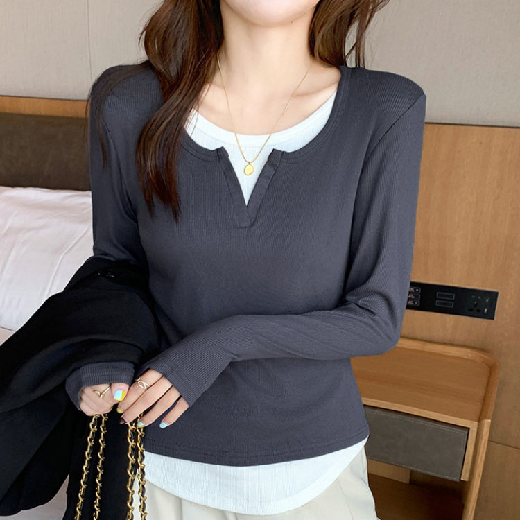 カルペディエム Carpe diem レイヤード風トップス フェイクレイヤード きれいめカジュアル カットソー 重ね着風 長袖 ロンT Tシャツ 無地 クルーネック 切り替えデザイン 秋新作 韓国 コカ オフィス COCA (ダークグレー) ダークグレー