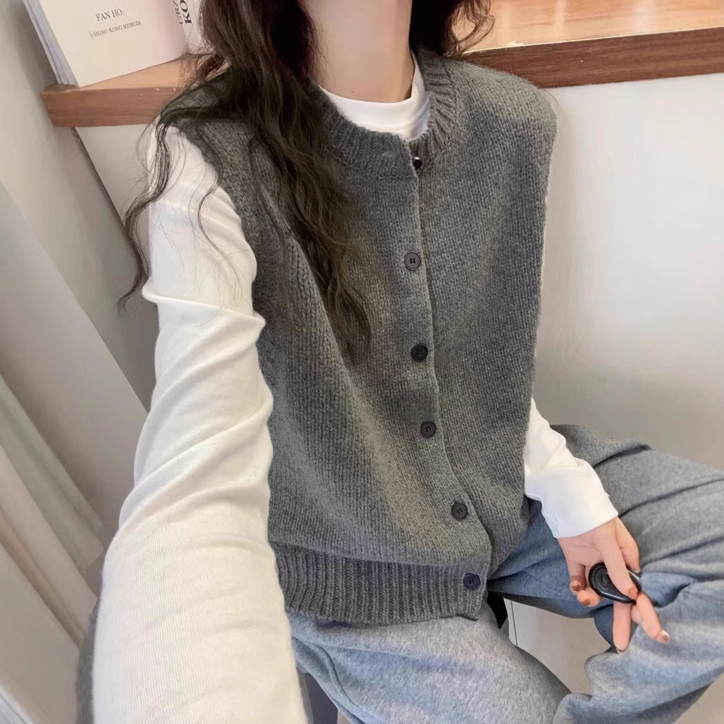 カルペディエム Carpe diem Vネックニットベスト トップス レイヤード風 韓国ファッション 秋冬 リブ編み ニット編み トレンド感 ノースリーブ オーバーサイズ 韓国ベスト ジャガード 重ね着風 V開きベスト ジレ レイヤード (ダークグレー) ダークグレー