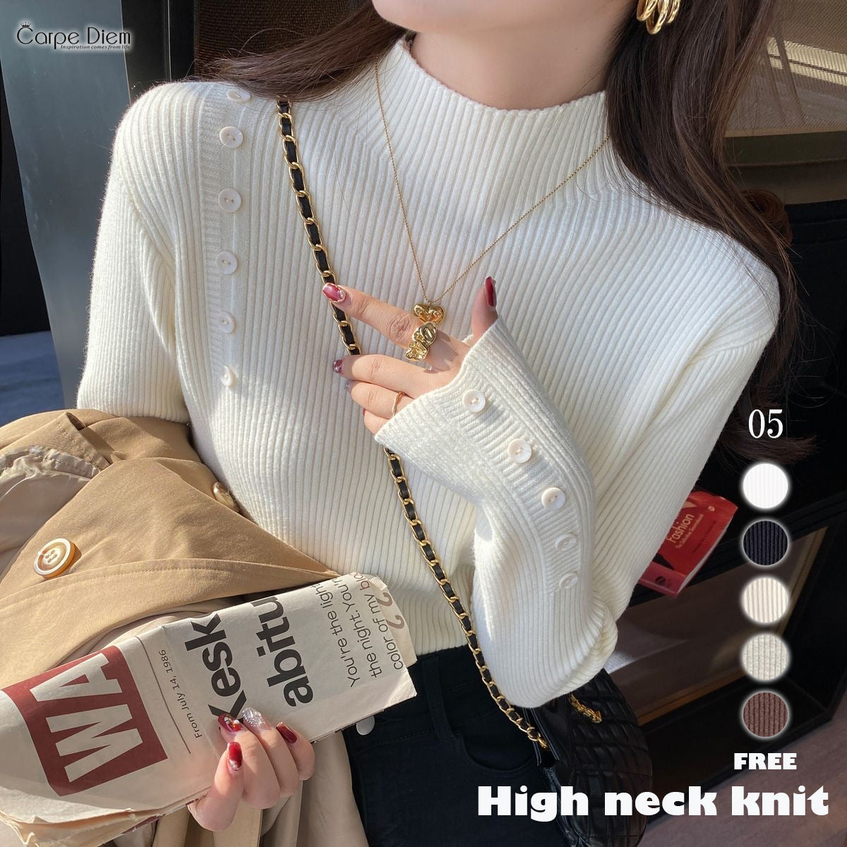 カルペディエム Carpe diem ハイネックニット トップス リブニット レディース 秋冬 長袖 重ね着 韓国 カジュアルオフィス 伸縮性 長袖ニット セーター レイヤード 上品コーデ ボダン タートル風ニット ストレッチ素材 (ベージュ) ベージュ