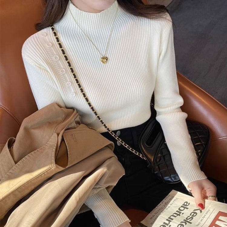 カルペディエム Carpe diem ハイネックニット トップス リブニット レディース 秋冬 長袖 重ね着 韓国 カジュアルオフィス 伸縮性 長袖ニット セーター レイヤード 上品コーデ ボダン タートル風ニット ストレッチ素材 (ベージュ) ベージュ