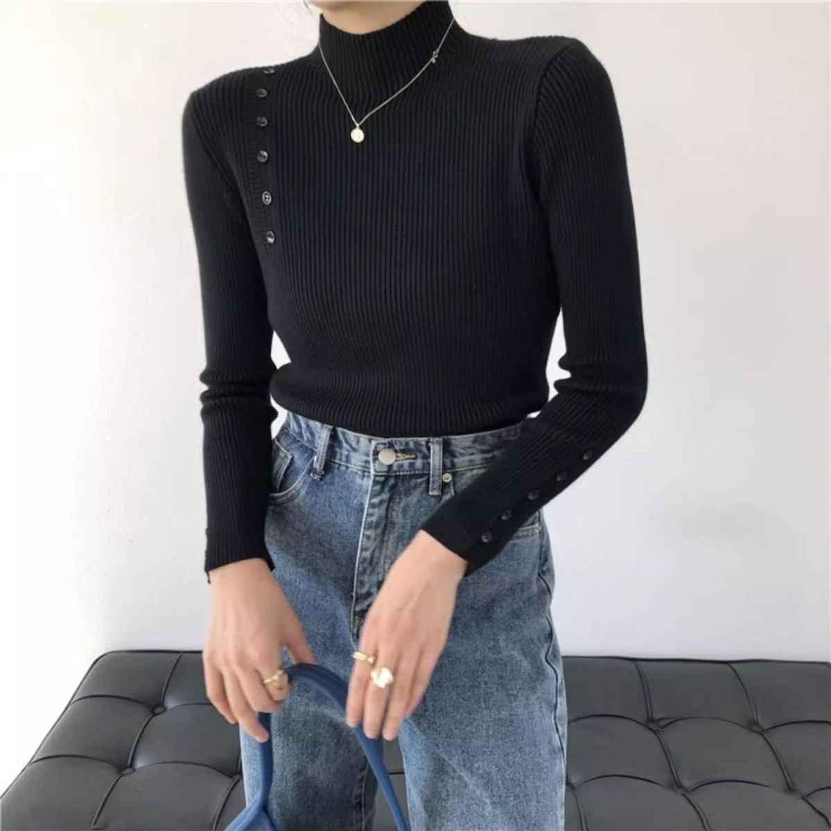 カルペディエム Carpe diem ハイネックニット トップス リブニット レディース 秋冬 長袖 重ね着 韓国 カジュアルオフィス 伸縮性 長袖ニット セーター レイヤード 上品コーデ ボダン タートル風ニット ストレッチ素材 (ベージュ) ベージュ