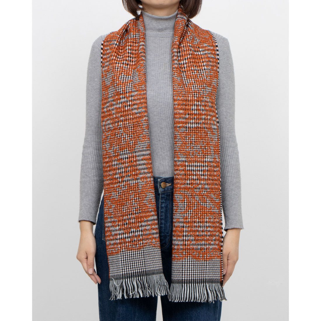 カシュネ cache nez ウール混グレンチェックフラワージャカードマフラー
