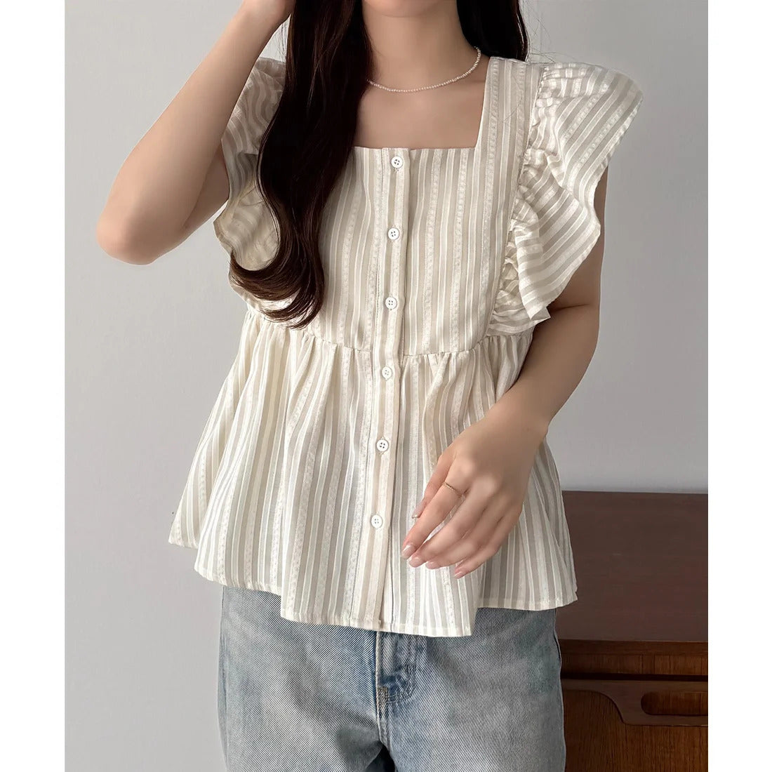 カラウティア callautia callautia 【選べる】フリルノースリーブフラウス(リネン混/ギンガムチェック/ストライプ) (Bグレージュ) Bグレージュ