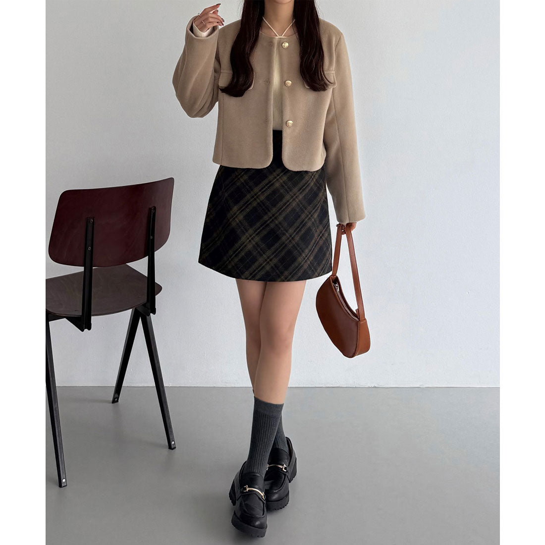 カラウティア callautia callautia ウールライクバイアスチェック柄ミニスカート(インパン付) (ネイビー) ネイビー