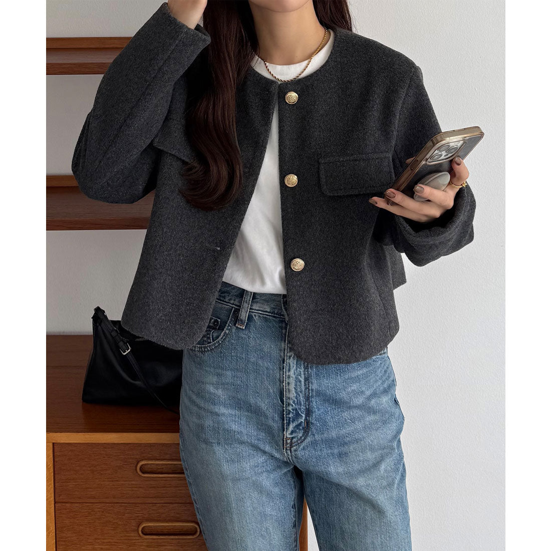 カラウティア callautia callautia ウールライクゴールドボタンノーカラージャケット (ダークグレー) ダークグレー