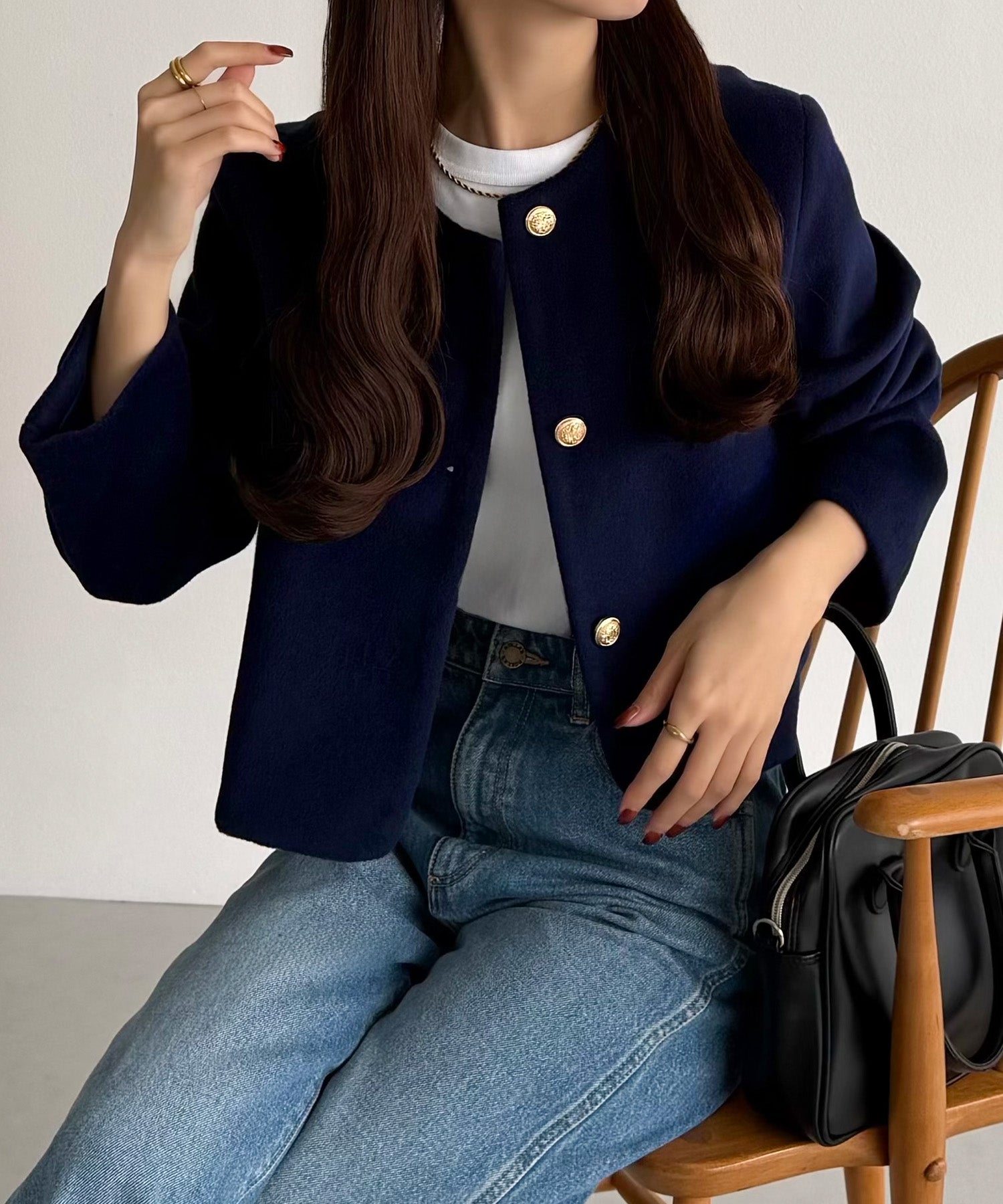 カラウティア callautia callautia ウールライクゴールドボタンノーカラージャケット (ネイビー) ネイビー