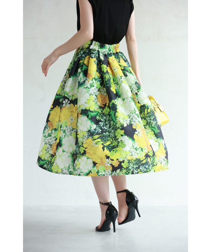 カワイイ CAWAII ガーデンボタニカル柄タックミディアムスカート (グリーン) グリーン