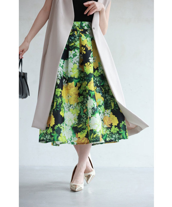 カワイイ CAWAII ガーデンボタニカル柄タックミディアムスカート (グリーン) グリーン