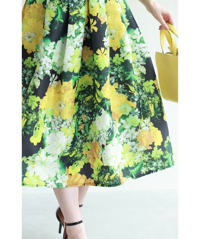 カワイイ CAWAII ガーデンボタニカル柄タックミディアムスカート (グリーン) グリーン