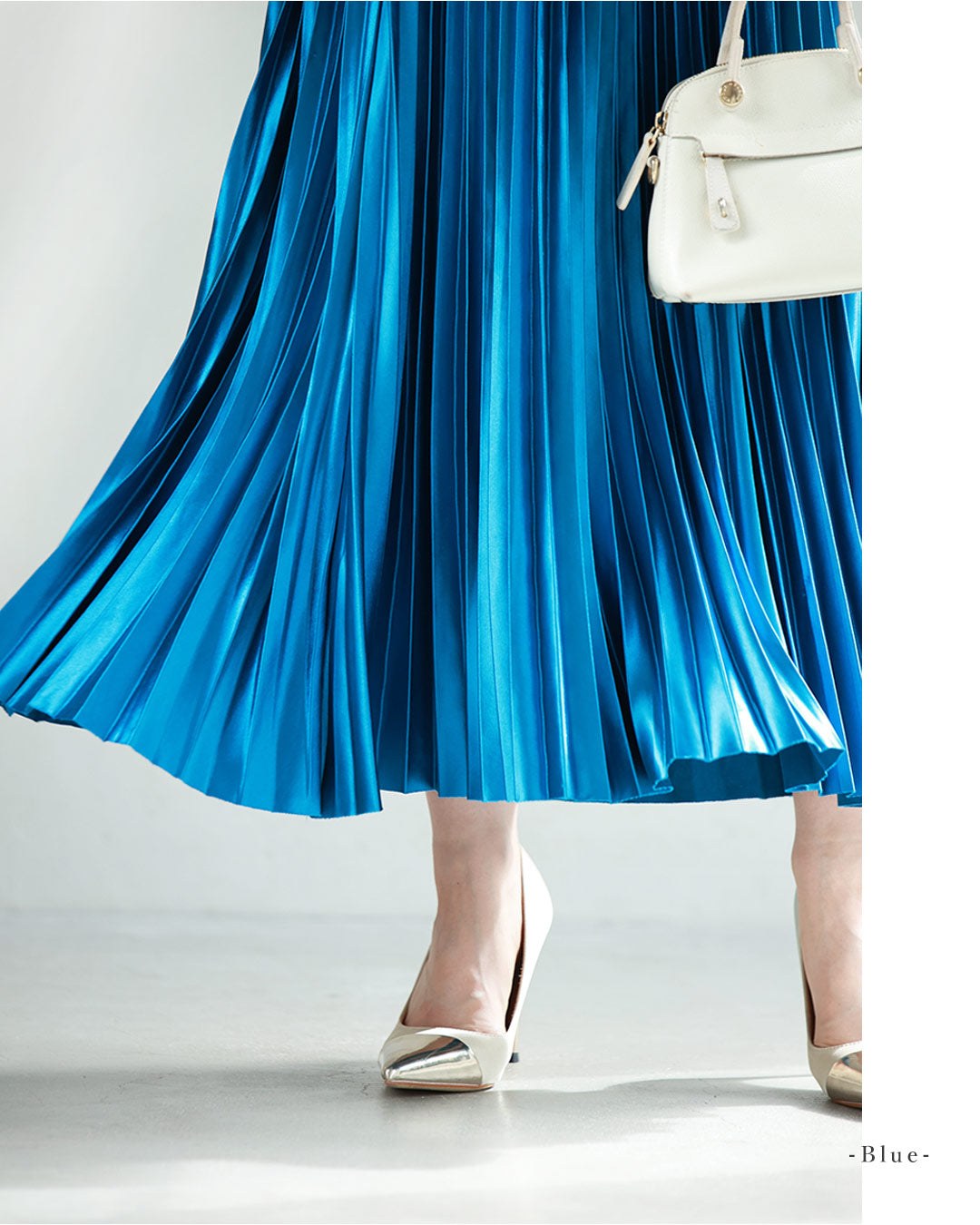 カワイイ CAWAII 落ち感 美しい 光沢 プリーツスカート プリーツ レディース ボトムス 体型カバー フレア ゴム ウエストゴム Aライン 無地 シルバー ゴールド 春 夏 高 (ブルー) エレガント ベーシック カジュアル 可愛い ベーシック 大人かわいい 上品 女性らしい デザイン スタンダード ナチュラル きれいめ シンプル フェミニン ブルー