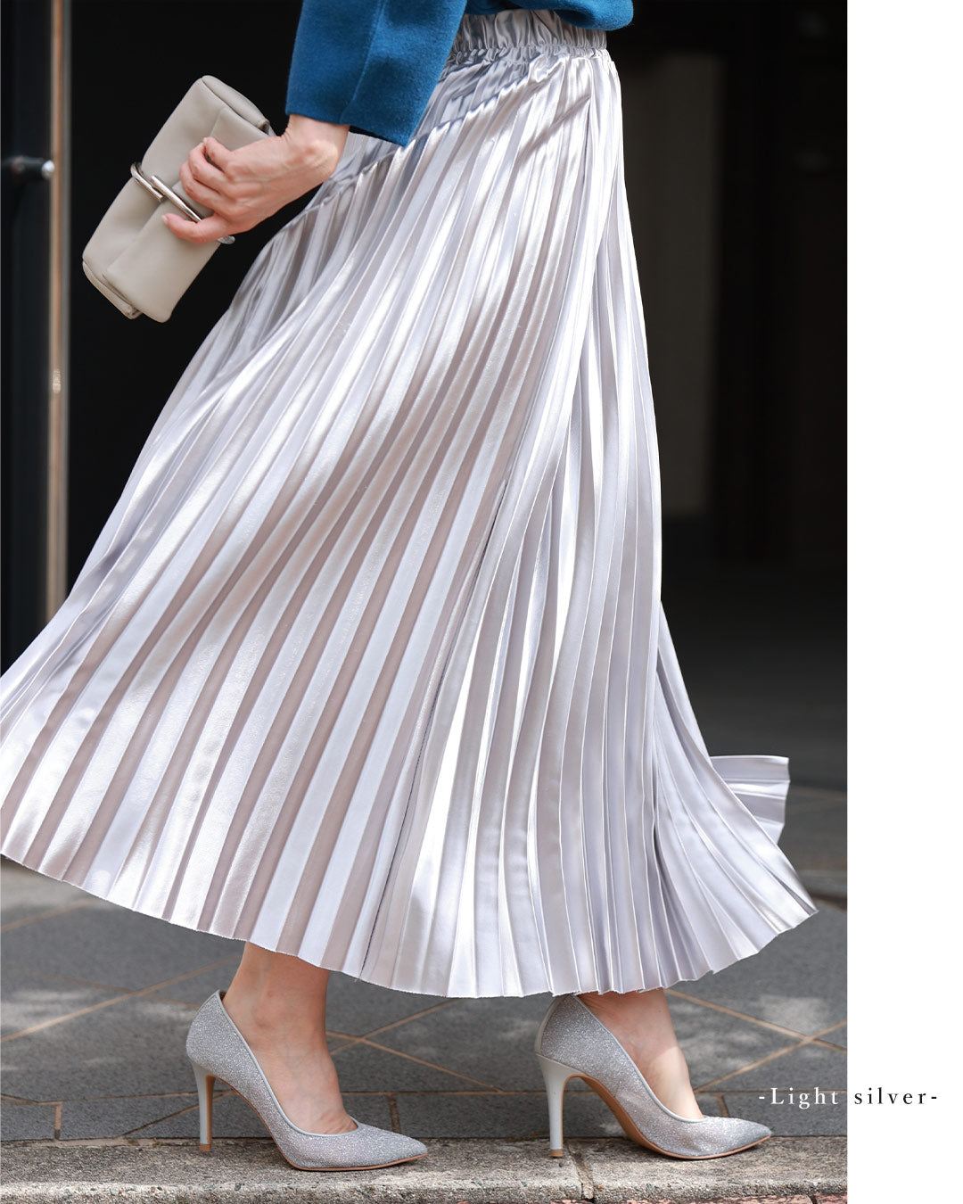 カワイイ CAWAII 落ち感 美しい 光沢 プリーツスカート プリーツ レディース ボトムス 体型カバー フレア ゴム ウエストゴム Aライン 無地 シルバー ゴールド 春 夏 高 (ブルー) エレガント ベーシック カジュアル 可愛い ベーシック 大人かわいい 上品 女性らしい デザイン スタンダード ナチュラル きれいめ シンプル フェミニン ブルー