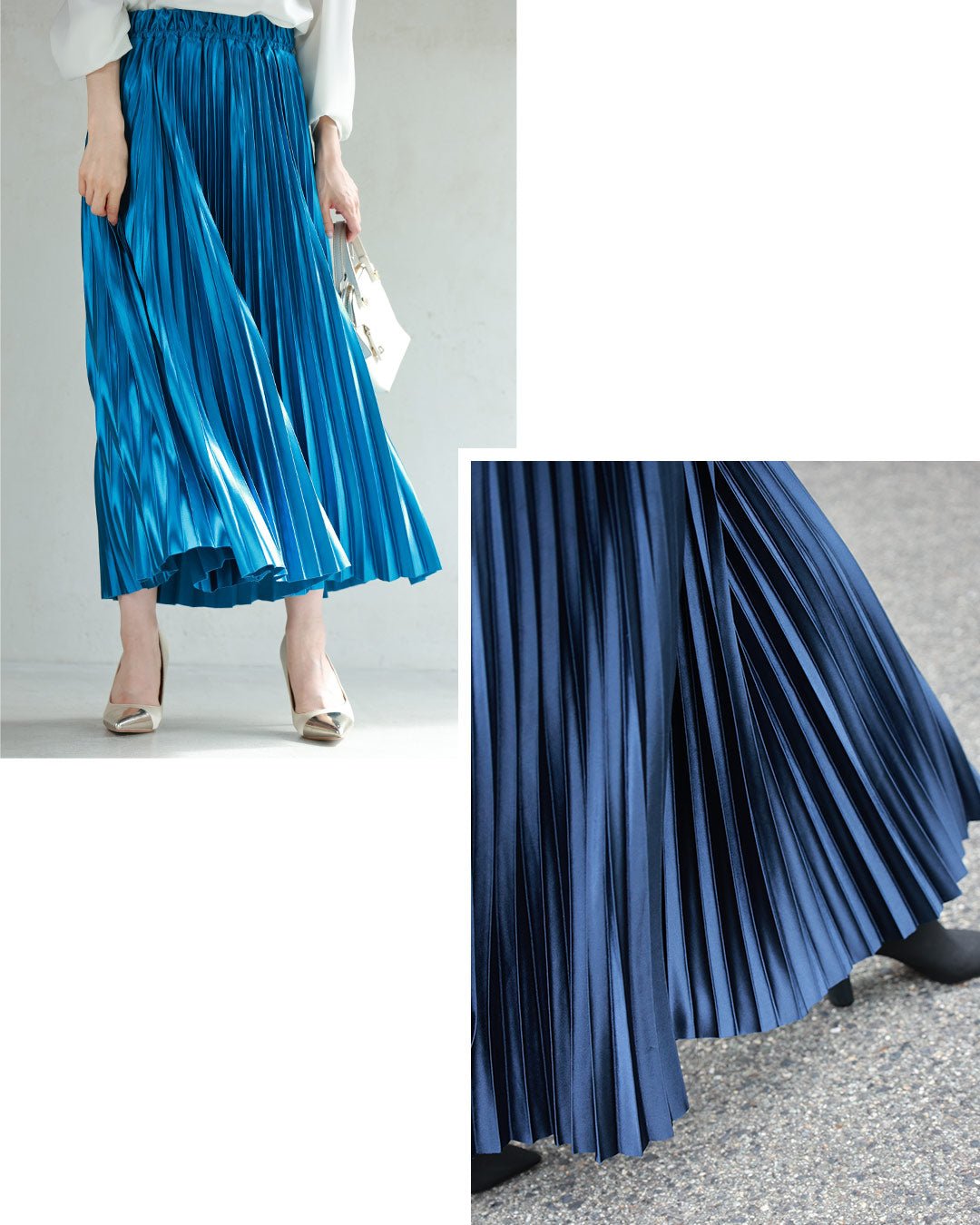 カワイイ CAWAII 落ち感 美しい 光沢 プリーツスカート プリーツ レディース ボトムス 体型カバー フレア ゴム ウエストゴム Aライン 無地 シルバー ゴールド 春 夏 高 (ブルー) エレガント ベーシック カジュアル 可愛い ベーシック 大人かわいい 上品 女性らしい デザイン スタンダード ナチュラル きれいめ シンプル フェミニン ブルー