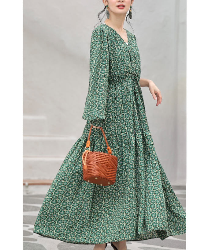 カワイイ CAWAII 春風に揺れる花のティアードロングワンピース (グリーン) グリーン