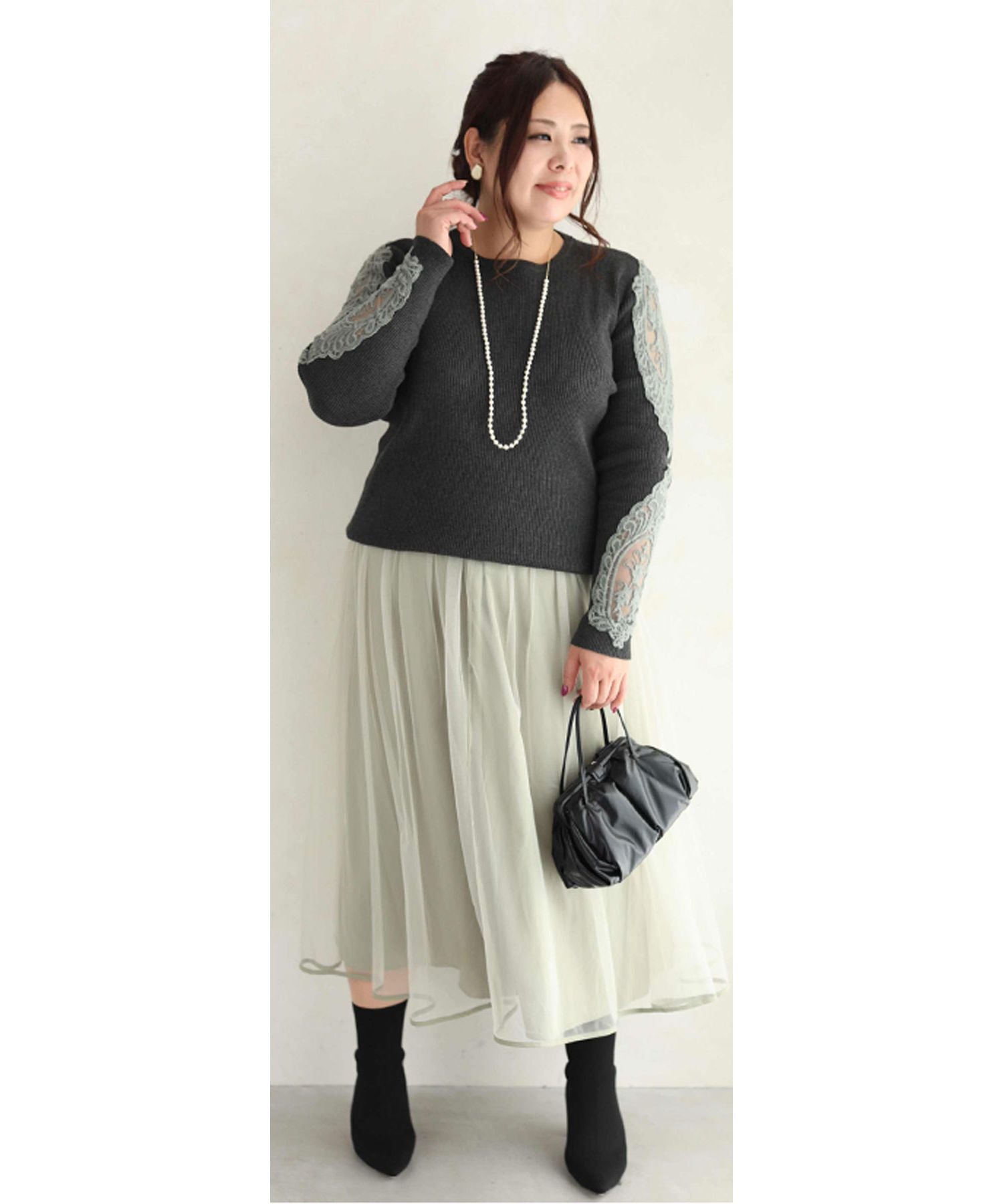 CAWAII CAWAII 胖胖專用。能掩飾肉肉手臂的蕾絲袖針織衫