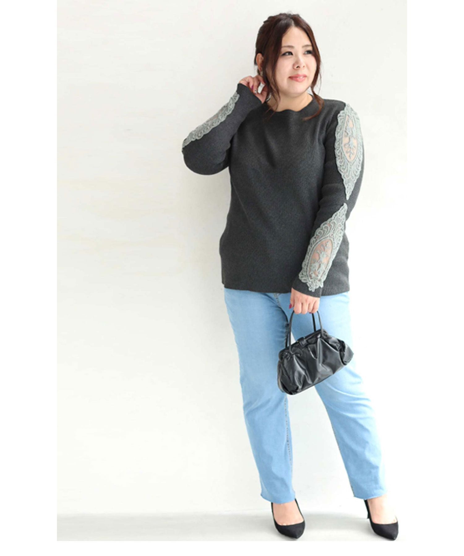 CAWAII CAWAII 胖胖專用。能掩飾肉肉手臂的蕾絲袖針織衫