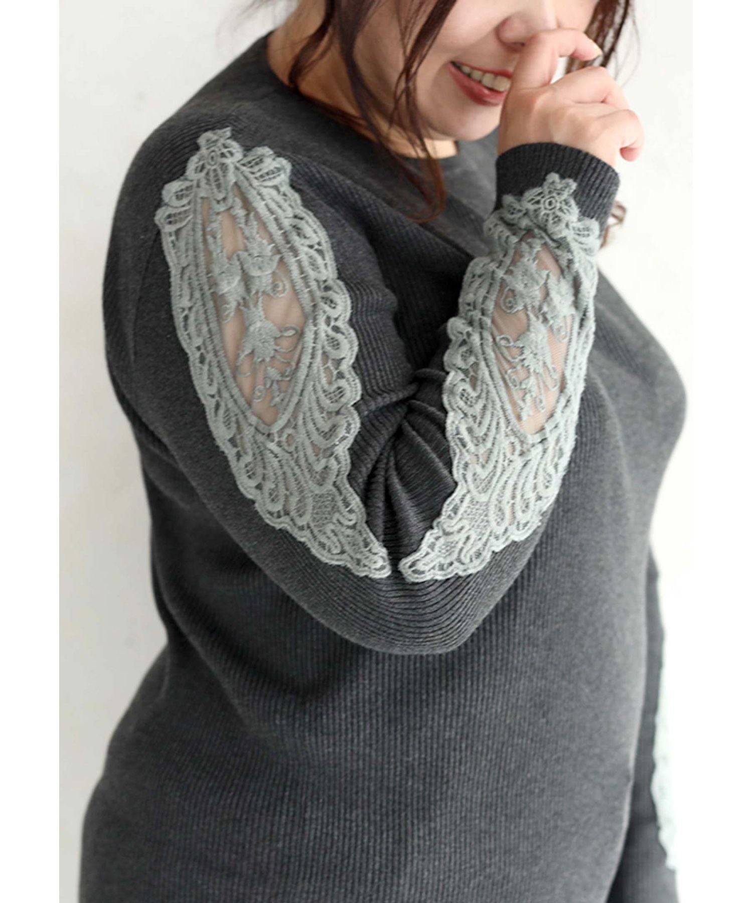 CAWAII CAWAII 胖胖專用。能掩飾肉肉手臂的蕾絲袖針織衫