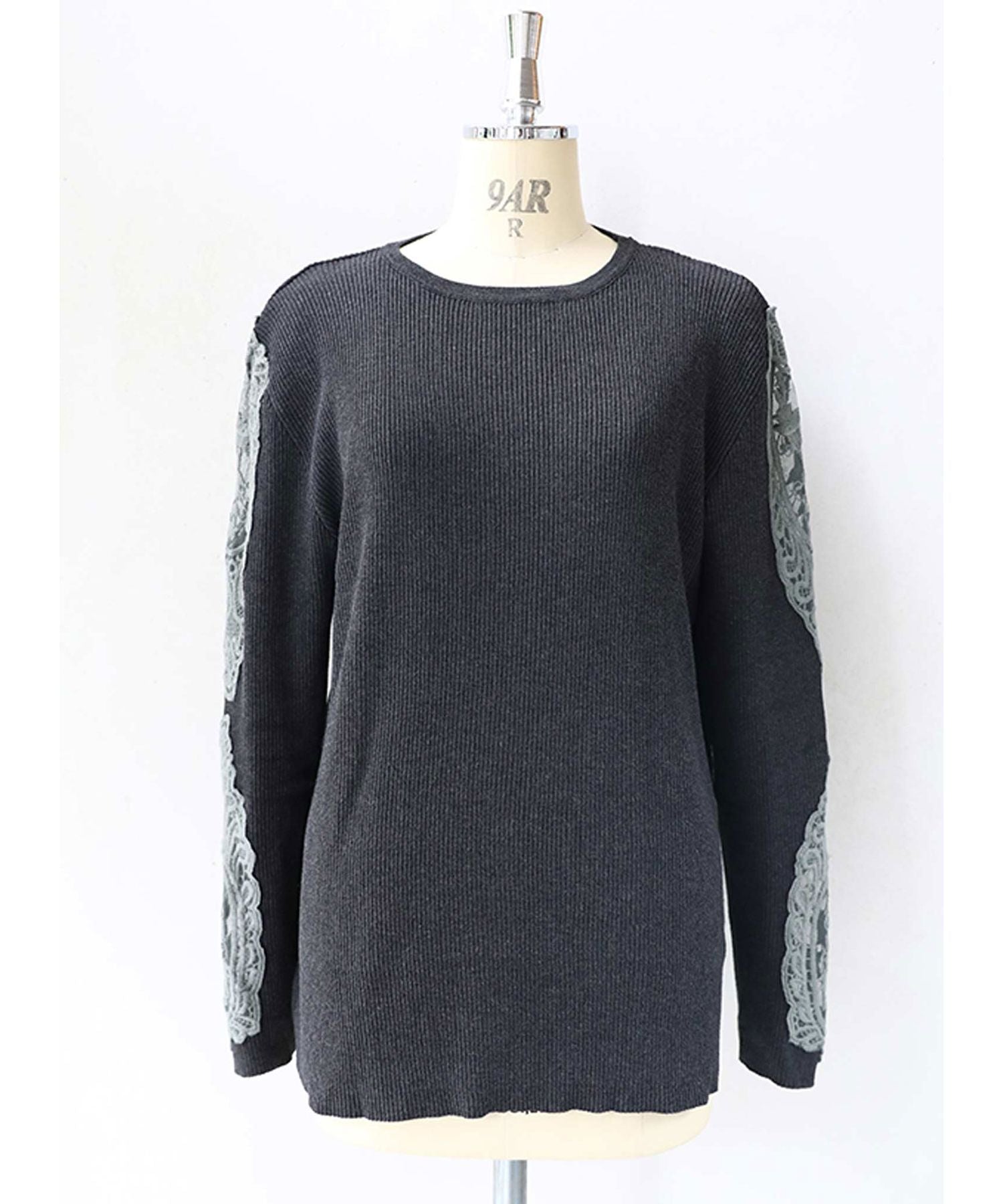 カワイイ CAWAII ぽっちゃりさん専用。ムチムチ二の腕ごまかせる袖レースニット (グレー) グレー