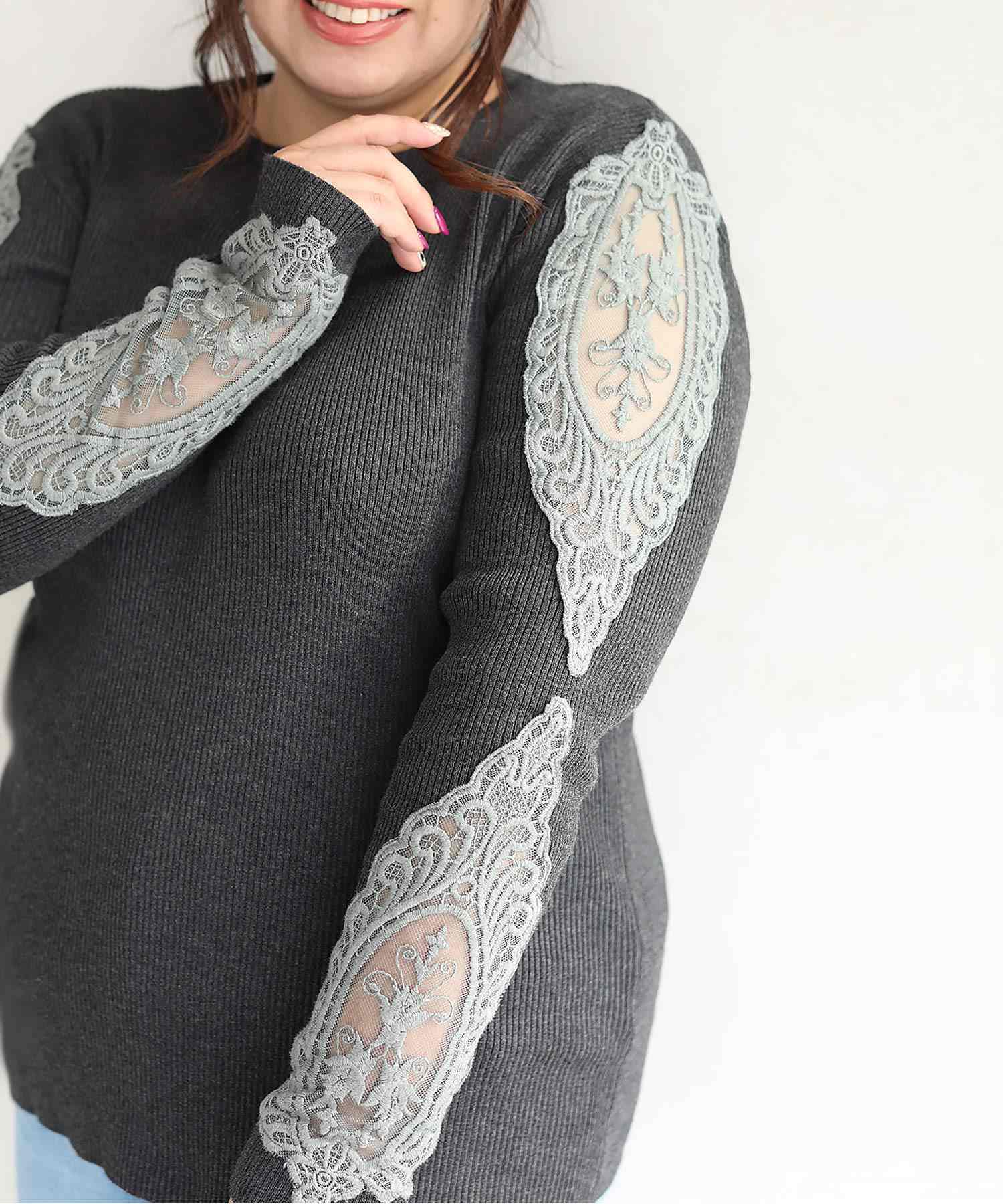 CAWAII CAWAII 胖胖專用。能掩飾肉肉手臂的蕾絲袖針織衫