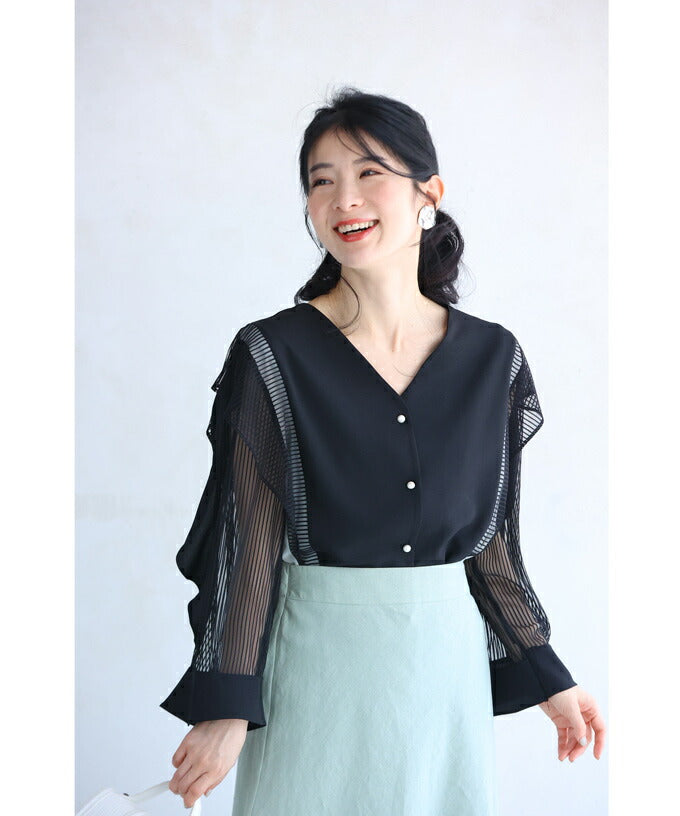 カワイイ CAWAII フリル流れるシアーストライプ袖のバイカラーブラウストップス