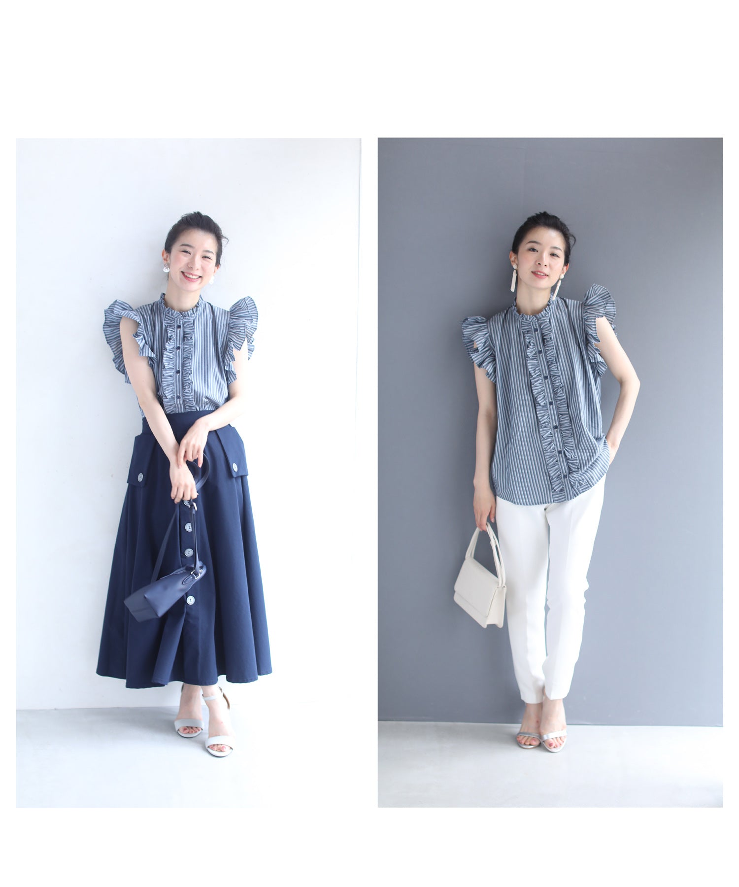 カワイイ CAWAII シャープなストライプの肩フリルブラウストップス (ネイビー) ネイビー