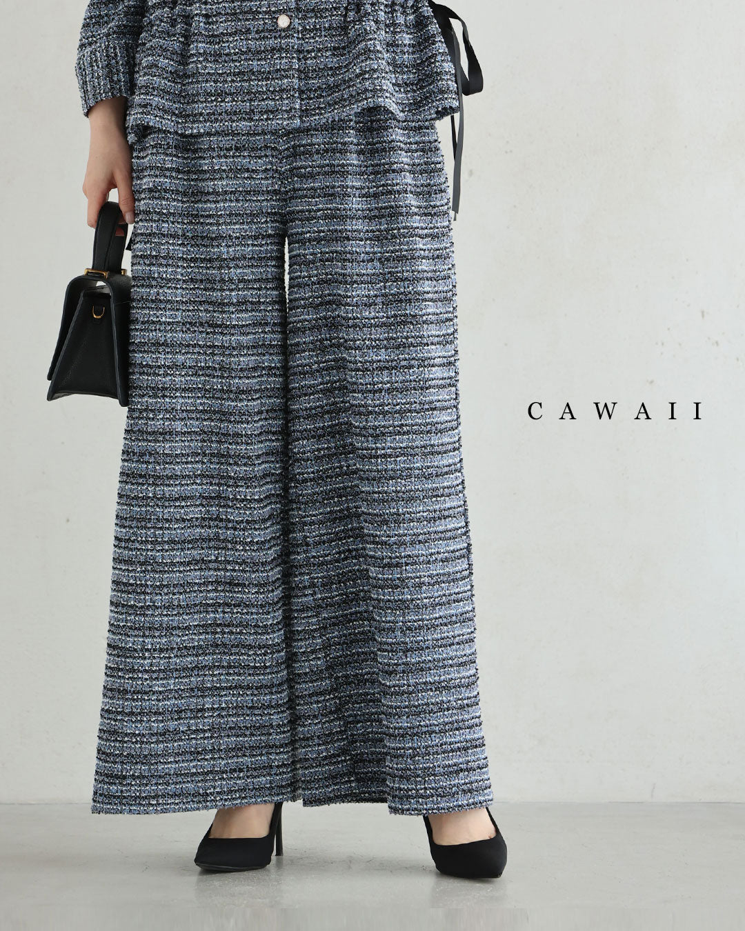 カワイイ CAWAII 着心地柔らかなツイード風タックワイドパンツ (ブラック) ブラック