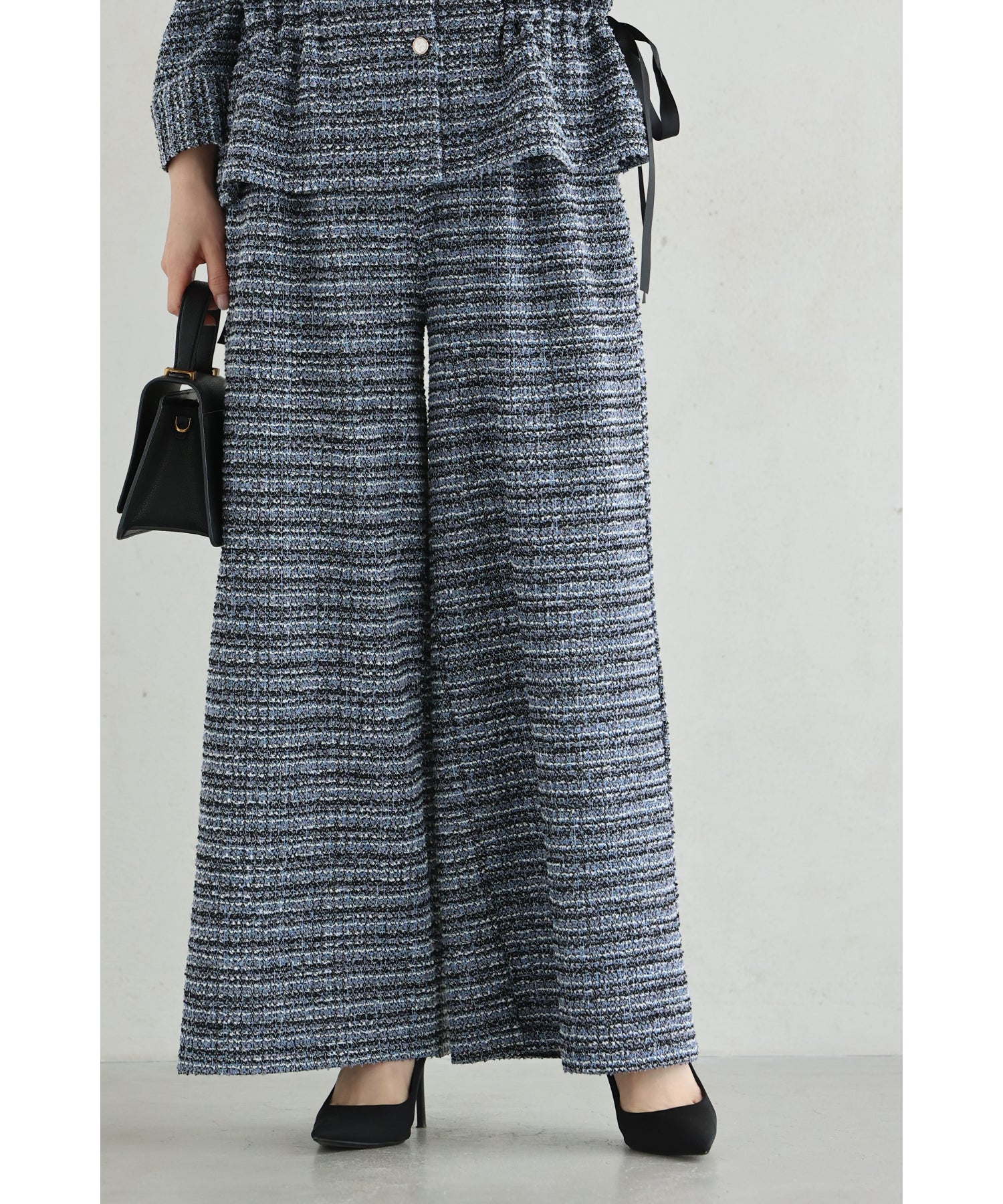 カワイイ CAWAII 着心地柔らかなツイード風タックワイドパンツ (ブラック) ブラック