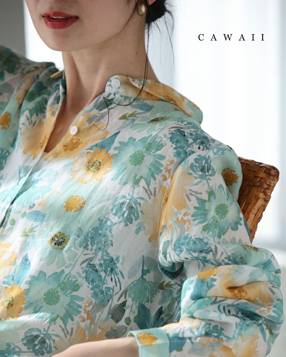 カワイイ CAWAII 涼しく柔らかな花の水彩画シャツトップス (グリーン) グリーン