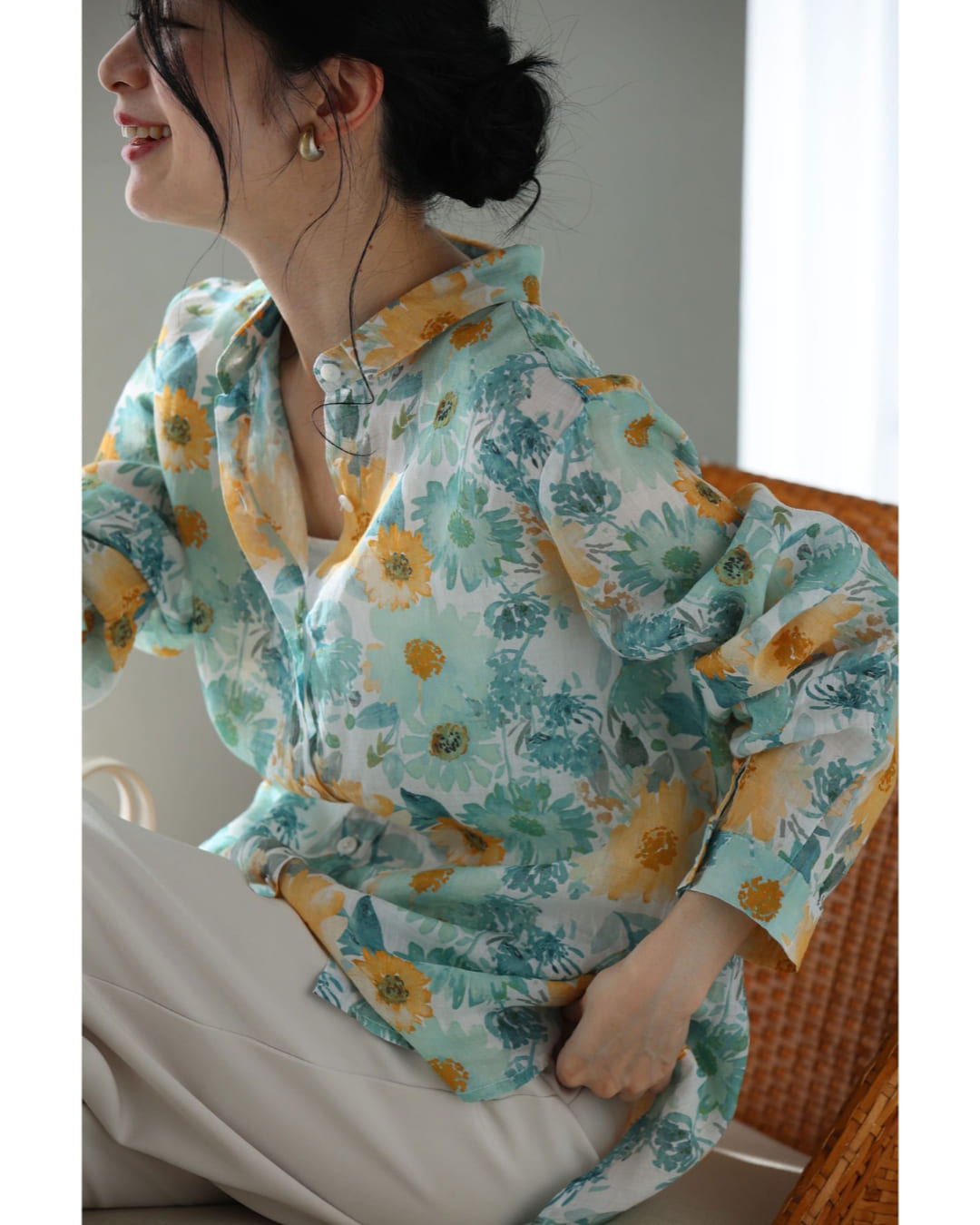 カワイイ CAWAII 涼しく柔らかな花の水彩画シャツトップス (グリーン) グリーン