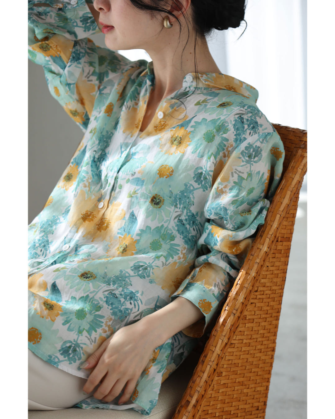 カワイイ CAWAII 涼しく柔らかな花の水彩画シャツトップス (グリーン) グリーン