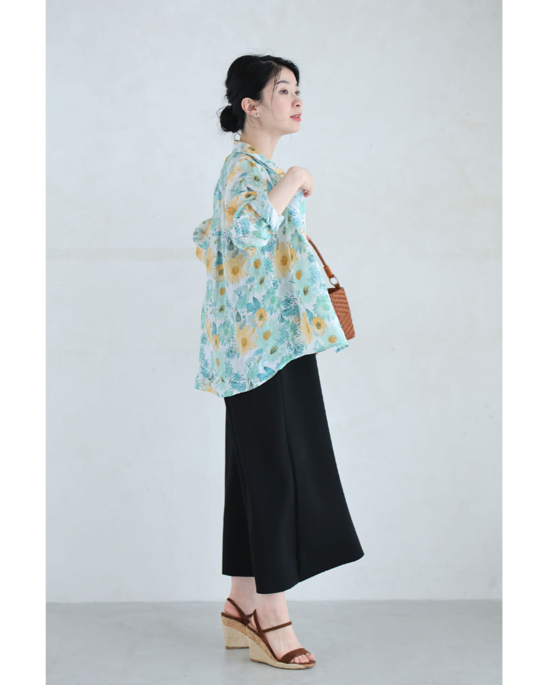 カワイイ CAWAII 涼しく柔らかな花の水彩画シャツトップス (グリーン) グリーン